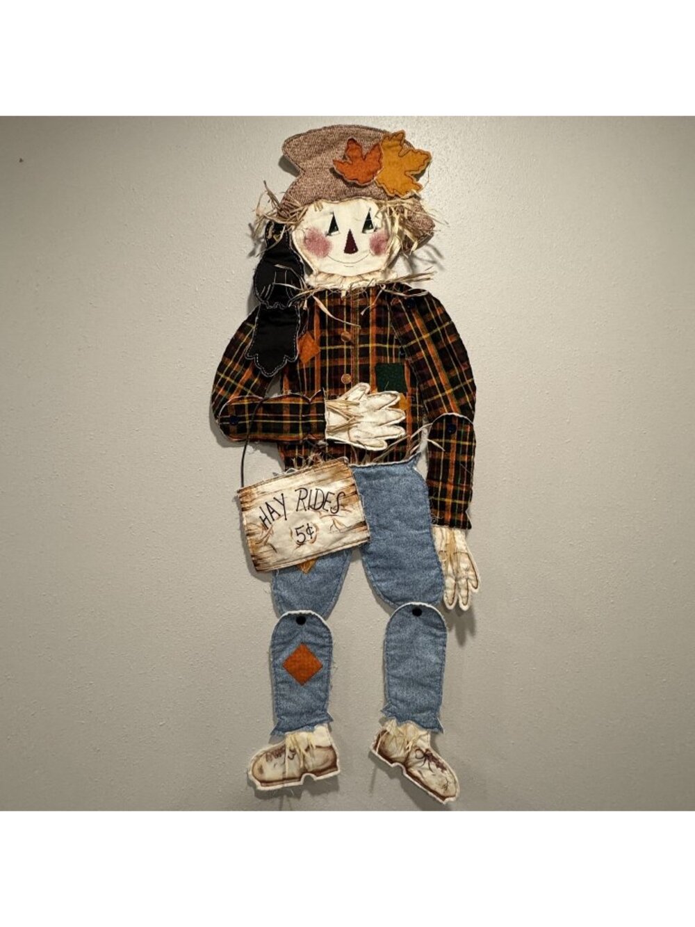 Vintage Handmade Scarecrow 48" Wall Decor Fabric Plaid Denim Articulated Hayride
